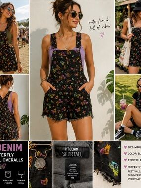 HT Denim Butterfly Shortall Overalls Medium Black Neon Fairycore Whimsygoth Y2K